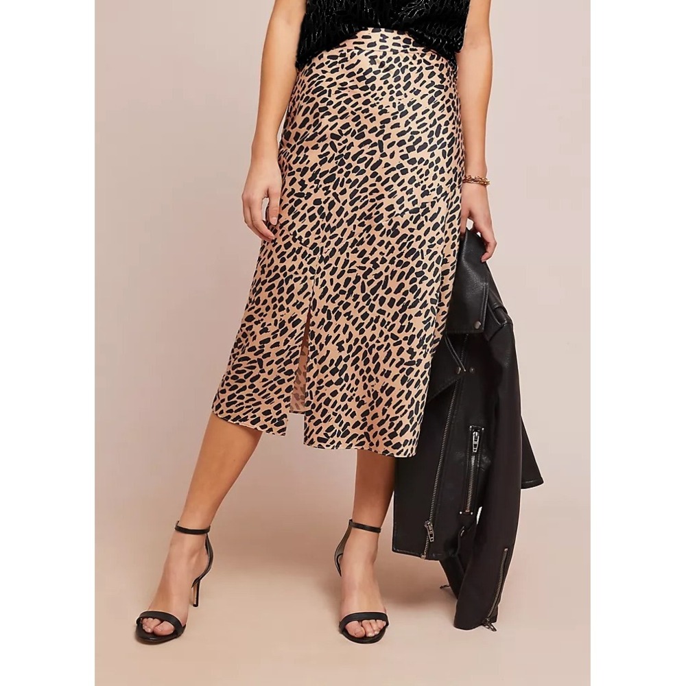 Anthropologie x Hutch Womens Leopard Print Satin Midi Skirt Tan Black Front Slit